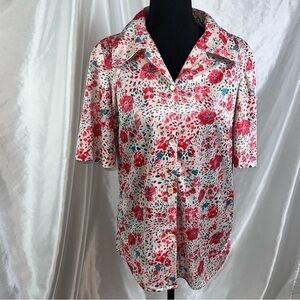 Vintage Pink Ditsy Floral Button-Down Blouse – Cottagecore, Soft & Oversized M
